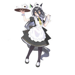 Rule 34 | 1girl, ahoge, animal ears, apron, arm up, black dress, black hair, black pantyhose, blush, closed mouth, collared shirt, cup, dress, flat chest, full body, hair between eyes, hand up, holding, holding tray, horse ears, horse girl, horse tail, loafers, long hair, looking at viewer, maid headdress, manhattan cafe (umamusume), multicolored hair, necktie, pantyhose, ponytail, puffy short sleeves, puffy sleeves, shirt, shoes, short sleeves, simple background, solo, streaked hair, suimz, tail, teapot, tray, umamusume, white background, wrist cuffs, yellow eyes, yellow necktie