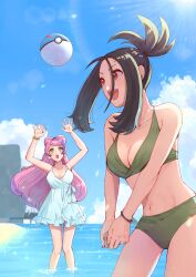 Rule 34 | 2girls, :d, :o, alternate costume, arms up, bikini, black hair, bracelet, breasts, cleavage, cloud, collarbone, commentary request, creatures (company), cross scar, day, dendra (pokemon), dress, earrings, eyelashes, game freak, green bikini, happy, highres, jewelry, knees, long hair, medium breasts, miriam (pokemon), multiple girls, nintendo, nm ngi, open mouth, outdoors, own hands together, pink hair, pokemon, pokemon sv, scar, scar on face, scar on forehead, sidelocks, sky, smile, standing, swimsuit, teeth, upper teeth only, wading, water, white dress