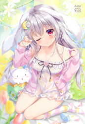 Rule 34 | 1girl, ;), ameto yuki, animal, animal ears, artist name, blurry, blurry foreground, blush, closed mouth, commentary request, crescent, crescent hair ornament, depth of field, dress, easter egg, egg, flower, grey hair, hair between eyes, hair flower, hair ornament, head tilt, highres, jacket, long hair, no shoes, off shoulder, one eye closed, open clothes, open jacket, original, panties, pink flower, pink jacket, rabbit, rabbit ears, rabbit girl, rabbit tail, red eyes, see-through, smile, socks, solo, strap slip, striped clothes, striped socks, tail, tulip, underwear, very long hair, white dress, white flower, white panties, yellow flower