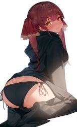 Rule 34 | 1girl, ass, black hoodie, black panties, blush, breasts, closed mouth, commentary request, from behind, full body, hair ribbon, highres, hololive, hood, hood down, hoodie, houshou marine, large breasts, long hair, long sleeves, looking at viewer, looking back, panties, pretty mundane, red eyes, red hair, red ribbon, ribbon, side-tie panties, simple background, sitting, solo, twintails, underwear, virtual youtuber, white background, yellow eyes