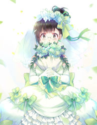 Rule 34 | 10s, 1girl, alternate hairstyle, black hair, blush, bouquet, bow, bridal veil, bride, choroko (osomatsu-san), covered mouth, cowboy shot, dress, earrings, ekita kuro, elbow gloves, eyebrows, flower, frills, glasses, glint, gloves, green bow, green eyes, green flower, green ribbon, green rose, hair bun, hair flower, hair ornament, holding, holding bouquet, interlocked fingers, jewelry, lens flare, light particles, looking at viewer, motion blur, osomatsu-san, own hands clasped, own hands together, petals, ribbon, rimless eyewear, rose, single hair bun, solo, veil, wedding dress, white background, white dress, white flower, white rose