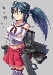 Rule 34 | 10s, 1girl, breasts, crossed arms, delta monster, green eyes, green hair, grey background, hair ribbon, hairband, isuzu (kancolle), kantai collection, matching hair/eyes, midriff, navel, personification, ribbon, simple background, solo, twintails