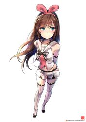 Rule 34 | 1girl, arm up, arm warmers, armpits, bare shoulders, blue eyes, blush, boots, bow, breasts, brown hair, collarbone, full body, hair bow, hairband, kizuna ai, kizuna ai inc., lace, lace-trimmed legwear, lace trim, long hair, looking at viewer, medium breasts, navel, official art, open mouth, outstretched arm, outstretched hand, pink bow, pink hairband, ribbon, sailor collar, short shorts, shorts, simple background, smile, solo, standing, striped clothes, striped ribbon, striped thighhighs, swept bangs, tagme, thigh boots, thighhighs, vest, white background, white footwear, white shorts, white thighhighs, white vest