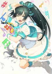 Rule 34 | 1girl, :d, bass clef, beamed quavers, black hair, blue eyes, boots, bow, costume, crotchet rest, dress, fang, flat sign, ganaha hibiki, hair bow, hair ribbon, idolmaster, idolmaster (classic), long hair, musical note, nail polish, necktie, ogino (oginogino), one eye closed, open mouth, ponytail, quaver, quaver rest, ribbon, sharp sign, smile, solo, treble clef
