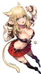 Rule 34 | 10s, 1girl, :d, animal ears, bandeau, blonde hair, blue eyes, breasts, cat ears, cat tail, cleavage, detached sleeves, final fantasy, final fantasy xiv, flower, full body, jpeg artifacts, kinm, large breasts, looking at viewer, miniskirt, miqo&#039;te, open mouth, paw print, skirt, smile, solo, strapless, tail, thighhighs, tube top