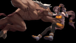 Rule 34 | 1boy, 1girl, bandaged arm, bandages, bare shoulders, belt, black background, brown hair, clenched hand, colored sclera, dungeon and fighter, eyelashes, fighter (dungeon and fighter), fighting, fingerless gloves, gloves, grey gloves, grey horns, hair between eyes, highres, horns, long hair, looking at another, monster, muscular, muscular male, ponytail, punching, red eyes, ryona, saliva, saliva trail, sharp teeth, simple background, slit pupils, smile, stomach punch, teeth, tongue, tongue out, veins, very long hair, white horns, yan (situyan0303), yellow eyes, yellow sclera