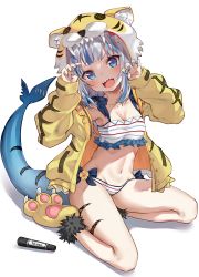 Rule 34 | 1girl, absurdres, bikini, blue eyes, blue hair, blue nails, blunt bangs, blush, body writing, boshi (a-ieba), breasts, commentary request, fins, fish tail, full body, gawr gura, hair ornament, highres, hololive, hololive english, jacket, looking at viewer, marker, medium hair, multicolored hair, nail polish, open clothes, open jacket, open mouth, paw shoes, shark girl, shark hair ornament, shark tail, sharp teeth, silver hair, sitting, small breasts, smile, solo, streaked hair, striped bikini, striped clothes, swimsuit, tail, teeth, two side up, virtual youtuber, wariza, white background, white bikini, yellow jacket