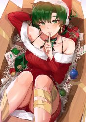 Rule 34 | 1girl, bell, blush, box, candy, candy cane, christmas ornaments, christmas present, earrings, fire emblem, food, fur trim, gift, green eyes, green hair, hair between eyes, hat, heart, heart-shaped pupils, heart earrings, highres, in box, in container, jewelry, lyn (fire emblem), merry christmas, nintendo, ormille, ribbon, santa costume, santa hat, smile, solo, symbol-shaped pupils, yellow ribbon
