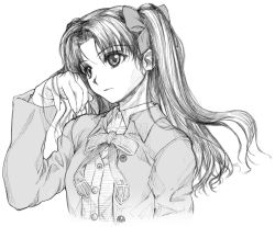 Rule 34 | 00s, 1girl, bow, bowtie, buttons, fate/stay night, fate (series), greyscale, hair bow, hair flip, monochrome, sketch, solo, tohsaka rin, upper body, yamaguchi homupe