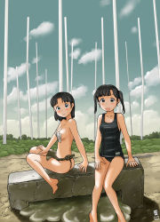 Rule 34 | 00s, 2009, 2girls, artist name, ass, awatake takahiro, bandaid, bandaids on nipples, barefoot, black hair, black school swimsuit, blush, cloud, dated, feet, fundoshi, japanese clothes, looking at viewer, multiple girls, one-piece swimsuit, outdoors, pasties, school swimsuit, short hair, sitting, sky, slime, smile, soles, swimsuit, toes, twintails