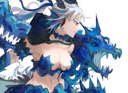 Rule 34 | 1girl, armor, bikini armor, black capelet, black clover, blue armor, breasts, capelet, cleavage, closed mouth, from behind, grey hair, hashtag only commentary, highres, hood, hooded capelet, hydrokinesis, immortalmonkey, large breasts, liquid clothes, long hair, looking ahead, navel, noelle silva, purple eyes, revealing clothes, serious, solo, twintails, water, water dragon, white background