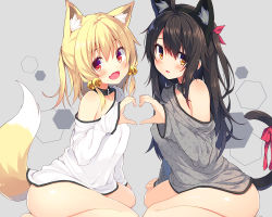 Rule 34 | 2girls, animal ear fluff, animal ears, arm support, ass, barefoot, bell, black collar, black hair, blonde hair, blush, breasts, cat ears, cat tail, chiri (atlanta), closed eyes, collar, commentary request, covered erect nipples, fang, fox ears, fox tail, grey background, hair ornament, hair ribbon, heart, heart-shaped pupils, heart hands, jingle bell, long hair, long sleeves, looking at viewer, meina (atlanta), multiple girls, naked shirt, off shoulder, open mouth, original, red ribbon, ribbon, shirt, simple background, sitting, small breasts, smile, symbol-shaped pupils, tail, tail ornament, tail ribbon, ten&#039;inkou korin, wariza