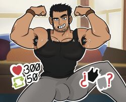 Rule 34 | 1boy, appa pacho, armpit hair, bara, beard stubble, black hair, black tank top, bulge, couch, double biceps pose, excessive armpit hair, facial hair, feet out of frame, flexing, highres, huge eyebrows, indoors, large pectorals, like and retweet, looking at viewer, lucas lee, male focus, meme, muscular, muscular male, pants, pectorals, raised eyebrow, scott pilgrim (series), scott pilgrim takes off, seductive smile, shirt, short hair, sidepec, smile, solo, spread legs, stubble, sweat, tank top, tight clothes, tight shirt, track pants, twitter strip game (meme)