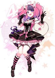 Rule 34 | 1girl, absurdres, aho, ankle boots, boots, breasts, demon tail, dress, fangs, fold-over boots, full body, hands up, highres, holding, holding microphone, horns, ironmouse, layered dress, looking at viewer, medium breasts, medium hair, microphone, multicolored hair, open mouth, pink hair, purple eyes, smile, socks, solo, streaked hair, tail, thigh strap, virtual youtuber, vshojo
