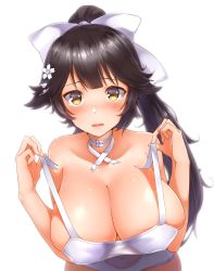 Rule 34 | 1girl, azur lane, black hair, blush, bow, breasts, brown eyes, cleavage, collarbone, flipped hair, flower, focused, from above, hair bow, hair flower, hair ornament, hechi (hechi322), highres, large breasts, long hair, looking at viewer, navel, one-piece swimsuit, ponytail, simple background, solo, swimsuit, takao (azur lane), takao (beach rhapsody) (azur lane), very long hair, white background, white one-piece swimsuit