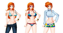 Rule 34 | 1girl, bikini, black eyes, breasts, hand on own hip, large breasts, long hair, nami (one piece), one piece, one piece film: z, orange hair, r-wade, smile, solo, sunglasses, swimsuit, tattoo