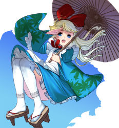 Rule 34 | 1girl, apron, ass, blonde hair, blue dress, blue eyes, dress, highres, kouno (masao), long hair, looking at viewer, oil-paper umbrella, open mouth, original, petticoat, sandals, simple background, solo, tagme, teeth, thighhighs, umbrella, white apron, white background, white thighhighs