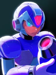 Rule 34 | 1boy, absurdres, android, arm cannon, armor, blue headwear, closed mouth, commentary request, crack, glowing, green background, green eyes, hand on own arm, helmet, highres, hoshi mikan, looking at viewer, male focus, mega man (series), x (mega man), mega man x (series), serious, simple background, solo, upper body, weapon