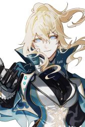 Rule 34 | 1girl, blonde hair, blue capelet, blue eyes, buttons, capelet, female focus, genshin impact, gloves, highres, jean (genshin impact), jean (gunnhildr&#039;s legacy) (genshin impact), kanishiima, long hair, looking at viewer, official alternate costume, ponytail, signature, simple background, solo, upper body, white background