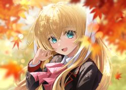 Rule 34 | 1girl, :d, aqua eyes, autumn, autumn leaves, black jacket, blonde hair, blurry, blush, bow, close-up, commentary request, crossed bangs, dappled sunlight, day, depth of field, eyelashes, fingernails, from side, hair between eyes, hair ribbon, hand up, happy, highres, jacket, leaf, little busters!, little busters! school uniform, long hair, long ribbon, long sleeves, looking at viewer, maple leaf, open mouth, outdoors, pink bow, ribbon, school uniform, smile, solo, souyoru, sunlight, tokido saya, tsurime, two side up, upper body, white ribbon