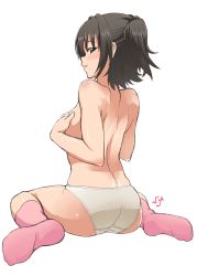 Rule 34 | 10s, 1girl, :d, akagi miria, ass, back, back focus, black hair, blush, breasts, brown eyes, covering privates, covering breasts, from behind, idolmaster, idolmaster cinderella girls, kneehighs, looking at viewer, looking back, naughty face, open mouth, panties, pink socks, shift (waage), short hair, sitting, smile, socks, solo, topless, twintails, two side up, underwear, underwear only, wariza, white panties