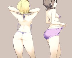 Rule 34 | 2girls, arms up, ass, back, backboob, bare shoulders, beige background, bikini, black hair, blonde hair, breasts, brown eyes, brown hair, clothes pull, contrapposto, echizen murasaki, from behind, from side, gbmah, halterneck, medium breasts, multicolored hair, multiple girls, pants, pants pull, profile, purple bikini, seto ferb, short hair, short shorts, shorts, sideboob, simple background, sketch, small breasts, standing, streaked hair, swimsuit, thong, thong bikini, tokyo 7th sisters, untied bikini