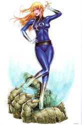 Rule 34 | 1girl, :d, absurdres, adjusting hair, arm up, belt, blonde hair, blue eyes, blush, bodysuit, boots, claws, crack, fantastic four, fingernails, floating hair, full body, giganto (fantastic four), gloves, glowing, hair between eyes, twirling hair, hand on own hip, high heels, highres, holding, invisible woman, knee boots, leg lift, light particles, lipstick, long fingernails, long hair, looking at viewer, makeup, marvel, monster, naughty face, open mouth, rock, shiny clothes, shirt, shoes, simple background, size difference, smile, solo, standing, standing on one leg, sue storm, superhero costume, susan storm, taut clothes, taut shirt, turtleneck, white background, wide hips, yamashita shun&#039;ya