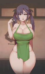 Rule 34 | 1girl, alternate breast size, apron, blue eyes, breasts, cleavage, curvy, earrings, female focus, genshin impact, grey hair, huge breasts, iced latte with breast milk (meme), jewelry, large breasts, long hair, looking at viewer, mature female, meme, mona (genshin impact), naked apron, naughty face, open mouth, phat smash, sideboob, solo, standing, thick thighs, thighs, twintails