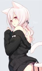 Rule 34 | 1girl, albino, animal ears, ass, bare shoulders, bell, black ribbon, black sweater, blush, cat ears, cat girl, cat tail, commentary request, fingers together, from behind, grey background, hair ornament, hair scrunchie, jingle bell, long hair, looking at viewer, looking back, mayachi (amuriya), off shoulder, original, own hands together, parted lips, red eyes, ribbed sweater, ribbon, scrunchie, simple background, solo, sweater, tail, tail ornament, tail ribbon, upper body, wavy hair, white hair