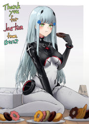 Rule 34 | 1girl, black gloves, blue hair, blush, bodysuit, breasts, closed mouth, commission, doughnut, eating, food, girls&#039; frontline, gloves, green eyes, hair ornament, hairclip, hanabusaraleigh, highres, hk416 (girls&#039; frontline), hk416 (midnight evangelion) (girls&#039; frontline), holding, holding food, long hair, looking at viewer, medium breasts, multicolored bodysuit, multicolored clothes, official alternate costume, on floor, simple background, skeb commission, solo, teardrop facial mark, teardrop tattoo