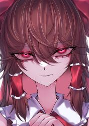 Rule 34 | 1girl, 33 gaff, absurdres, brown hair, collared shirt, eyes visible through hair, eyeshadow, frilled hair tubes, frills, hair between eyes, hair tubes, hakurei reimu, highres, long hair, looking at viewer, makeup, red eyes, red eyeshadow, red shirt, shirt, sidelocks, solo, thick eyelashes, touhou, upper body, white background