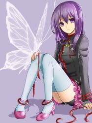 Rule 34 | 1girl, arm support, bike shorts, black shorts, bug, butterfly, d.gray-man, fj81l, frilled skirt, frills, hair between eyes, hand on own knee, insect, lenalee lee, long hair, looking at viewer, pink skirt, purple eyes, purple hair, red ribbon, ribbon, shorts, shorts under skirt, simple background, skirt, solo, thighhighs, uniform, white thighhighs