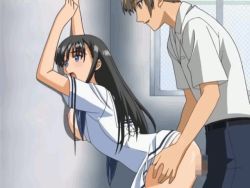 Rule 34 | 00s, 1boy, 1girl, against wall, animated, animated gif, arms up, bent over, black hair, bouncing breasts, breasts, breasts out, censored, clothes lift, large breasts, locker, locker room, long hair, mizushima asa, penis, school uniform, sex, sex from behind, skirt, skirt lift, sora no iro mizu no iro, vaginal