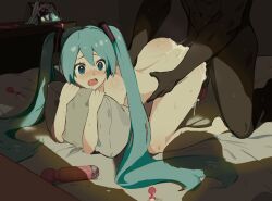 Rule 34 | 1girl, 2boys, @ @, after vaginal, aftersex, all fours, ass, blue eyes, blue hair, blush, caught, cheating (relationship), completely nude, condom, cum, cum in pussy, cum on ass, dark-skinned male, dark skin, doggystyle, full body, hatsune miku, hetero, highres, indoors, interracial, kneeling, long hair, looking at another, multiple boys, netorare, nose blush, nude, hugging object, open mouth, photo (object), pillow, pillow hug, rea loixacra, sex, sex from behind, sex toy, solo focus, torso grab, twintails, used condom, very long hair, vibrator, vocaloid, walk-in