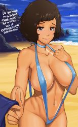Rule 34 | 10s, 1girl, beach, blue one-piece swimsuit, blush, breasts, brown eyes, brown hair, choker, cloud, cowboy shot, english text, highres, kawakami sadayo, linea alba, looking at viewer, matching hair/eyes, medium breasts, navel, ocean, one-piece swimsuit, outdoors, persona, persona 5, pink lips, pov, presenting, revealing clothes, short hair, sky, slingshot swimsuit, slingshot tan, smile, standby, standing, strap gap, swimsuit, tan, tanline, water