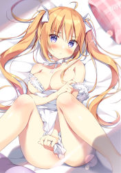 Rule 34 | 1girl, ahoge, apron, areola slip, blonde hair, blush, bow, breasts, collarbone, commentary request, feet out of frame, frilled apron, frills, hair between eyes, hair bow, jewelry, long hair, lying, medium breasts, naked apron, on back, original, pan (mimi), parted lips, plaid, plaid bow, pulled by self, purple eyes, ring, see-through, solo, strap pull, twintails, very long hair, wedding band, white apron, white bow