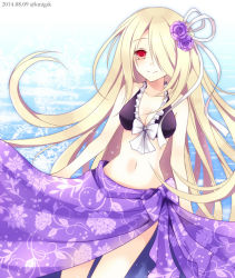 Rule 34 | 1girl, adapted costume, bad id, bad pixiv id, bikini, bikini top only, blonde hair, blush, bow, breasts, chisa, cleavage, collarbone, dated, floral print, flower, hair flower, hair ornament, hair over one eye, hair ribbon, long hair, navel, pandora (p&amp;d), purple bikini, purple bow, purple flower, purple rose, purple skirt, puzzle &amp; dragons, red eyes, ribbon, rose, skirt, smile, solo, swimsuit, towel, twitter username, very long hair, white ribbon
