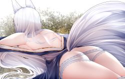 Rule 34 | 1girl, absurdres, animal ears, ass, azur lane, bare shoulders, blue kimono, breasts, butt crack, commentary request, dated commentary, fox ears, fox girl, fox tail, from behind, highres, japanese clothes, kimono, long hair, lying, medium breasts, multiple tails, on stomach, panties, samip, shinano (azur lane), sideboob, solo, tail, thighs, underwear, white hair, white panties