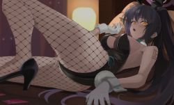 Rule 34 | 1girl, :o, absurdres, animal ears, arm tattoo, bad id, bad pixiv id, black footwear, black hair, black leotard, blue archive, blush, breasts, breath, commentary, dark-skinned female, dark skin, ear piercing, embarrassed, fake animal ears, fake tail, fishnet pantyhose, fishnets, foot out of frame, furrowed brow, gloves, hair between eyes, halo, heavy breathing, high heels, highres, karin (blue archive), karin (bunny) (blue archive), large breasts, legs, leotard, long hair, looking at viewer, lying, mikai 2035, multicolored hair, number tattoo, on back, on bed, open mouth, orange eyes, pantyhose, piercing, pillow, playboy bunny, ponytail, purple hair, rabbit ears, rabbit tail, sideboob, solo, strapless, strapless leotard, sweatdrop, tail, tattoo, thighs, two-tone hair, white gloves, wrist cuffs