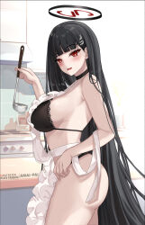 Rule 34 | 1girl, amai-pai, apron, ass, black bra, black choker, black hair, black panties, blue archive, bra, breasts, choker, cooking, frilled apron, frills, from side, halo, highres, holding, holding ladle, lace, lace-trimmed bra, lace trim, ladle, large breasts, long hair, looking at viewer, nearly naked apron, panties, red eyes, rio (blue archive), solo, stove, underwear, very long hair