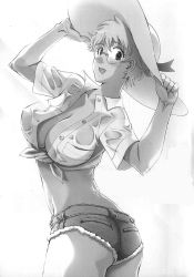 Rule 34 | 1girl, ass, back, breasts, cleavage, cutoffs, cynthia the mission, denim, denim shorts, front-tie top, glasses, greyscale, hat, highres, huge breasts, large breasts, looking back, midriff, monochrome, no bra, open clothes, open shirt, shirt, short hair, short shorts, shorts, smile, solo, sun hat, takatou rui, takaya kanae, tied shirt, twisted torso, wet, wet clothes, wet shirt