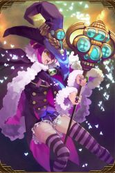 Rule 34 | 1girl, artist request, bell, bridal garter, bug, butterfly, cape, cloud, collar, frilled skirt, frills, frown, fur trim, grand sphere, hat, highres, insect, jewelry, neck bell, purple hair, ring, skirt, solo, staff, striped clothes, striped thighhighs, thighhighs, witch hat, yellow eyes, zettai ryouiki
