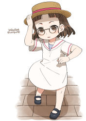 Rule 34 | 1girl, aged down, black footwear, blush, boater hat, brown eyes, brown hair, child, dated, dress, eyewear strap, glasses, harukaze unipo, hat, kantai collection, open mouth, pince-nez, roma (kancolle), short hair, short sleeves, simple background, solo, standing, twitter username, white background, white dress