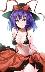Rule 34 | 1girl, arms behind back, bare arms, bare shoulders, bikini, black bikini, black hat, bow, breasts, cleavage, collarbone, commentary request, cowboy shot, hat, hat bow, highres, large breasts, leaning forward, lips, looking at viewer, nagae iku, navel, one-hour drawing challenge, purple hair, red bow, red eyes, sarong, shiny skin, short hair, simple background, smile, solo, standing, stomach, swimsuit, thighs, touhou, white background, y2