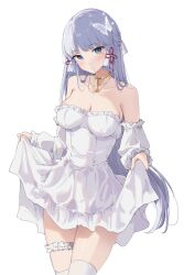 Rule 34 | 1girl, absurdres, alternate hairstyle, ayaka (genshin impact), bare shoulders, blue eyes, blue hair, breasts, bridal garter, butterfly hair ornament, choker, cleavage, collarbone, commentary, cowboy shot, detached sleeves, dress, feint721, genshin impact, hair down, hair ornament, head tilt, highres, large breasts, long hair, long sleeves, looking at viewer, mole, mole under eye, parted lips, revision, short dress, sidelocks, simple background, skirt hold, solo, standing, strapless, strapless dress, thighhighs, white background, white dress, white thighhighs, yellow choker