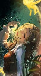 Rule 34 | 1girl, absurdres, braces, brown eyes, brown hair, creature, dress, eating, fairy, forest, from side, glowing, hand up, head back, higeji (higeji404), highres, holding, holding creature, jewelry, leaf, long hair, long sleeves, looking at viewer, nature, necklace, open mouth, red dress, reverse:1999, shirt, solo, teeth, tooth fairy (reverse:1999), tooth necklace, upper body, white shirt