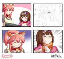 Rule 34 | 2girls, alternate costume, animal ear fluff, animal ears, animal hands, apron, bell, breasts, brown hair, cat paws, choke hold, clenched teeth, closed eyes, closed mouth, collar, collarbone, computer, drawing, drawing tablet, enmaided, fangs, fate/grand order, fate (series), fox ears, glasses, gloves, hair ornament, hair ribbon, heart, heart-shaped pupils, highres, hikikomori, jingle bell, keita naruzawa, large breasts, long hair, maid, maid apron, maid headdress, meme, monochrome, multiple girls, neck bell, osakabehime (fate), paw gloves, pink hair, ponytail, purple eyes, red-framed eyewear, red ribbon, ribbon, saliva, saliva trail, semi-rimless eyewear, strangling, symbol-shaped pupils, tamamo (fate), tamamo cat (fate), tamamo cat (second ascension) (fate), tamamo no mae (fate/extra), teeth, very long hair, waist apron