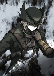 Rule 34 | 1boy, absurdres, blonde hair, bloodborne, brown coat, brown eyes, brown gloves, brown scarf, coat, commentary request, expressionless, gloves, grey background, hand up, hat, highres, holding, holding weapon, hunter (bloodborne), long sleeves, looking down, male focus, saw, saw cleaver, scarf, scarf pull, shimoda masaya, short hair, solo, torn clothes, torn hat, tricorne, upper body, weapon