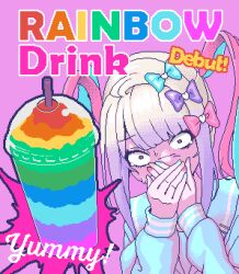 Rule 34 | 1girl, april fools, blue hair, blue nails, bow, chouzetsusaikawa tenshi-chan, constricted pupils, covering own mouth, cup, disgust, disposable cup, drinking straw, eencya, english text, gradient hair, hair bow, holographic clothing, multicolored hair, multicolored nails, multiple hair bows, nail polish, needy girl overdose, official art, pink hair, pink nails, pixel art, quad tails, sailor collar, school uniform, second-party source, serafuku, smoothie, solo, sweat, upper body, white hair