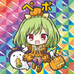 Rule 34 | 1girl, :d, bikkuriman (style), boots, braid, breasts, candy wrapper, character name, checkerboard cookie, chibi, cookie, crown braid, dress, flat color, flower knight girl, food, full body, ghost, green hair, halloween bucket, hat, knee boots, layered sleeves, long hair, long sleeves, open mouth, orange dress, orange footwear, pepo (flower knight girl), puffy short sleeves, puffy sleeves, pumpkin, purple hat, purple thighhighs, red eyes, ri-net, short over long sleeves, short sleeves, smile, solo, thighhighs, thighhighs under boots, witch hat